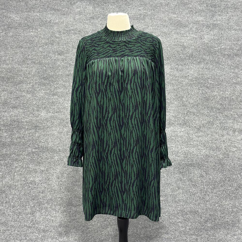 THML Dress Womens Small Green Black Zebra Print Long Sleeve Smocked Yoke Boho